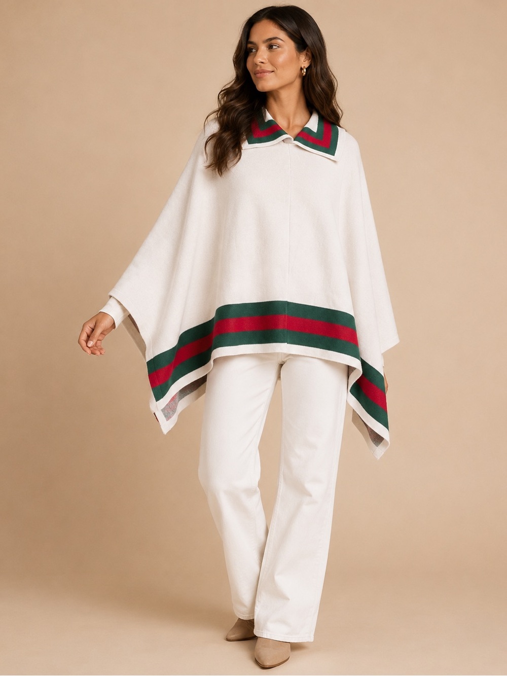 Preppy White Cape Poncho Red Green Stripe Quiet Luxury Old Money Style